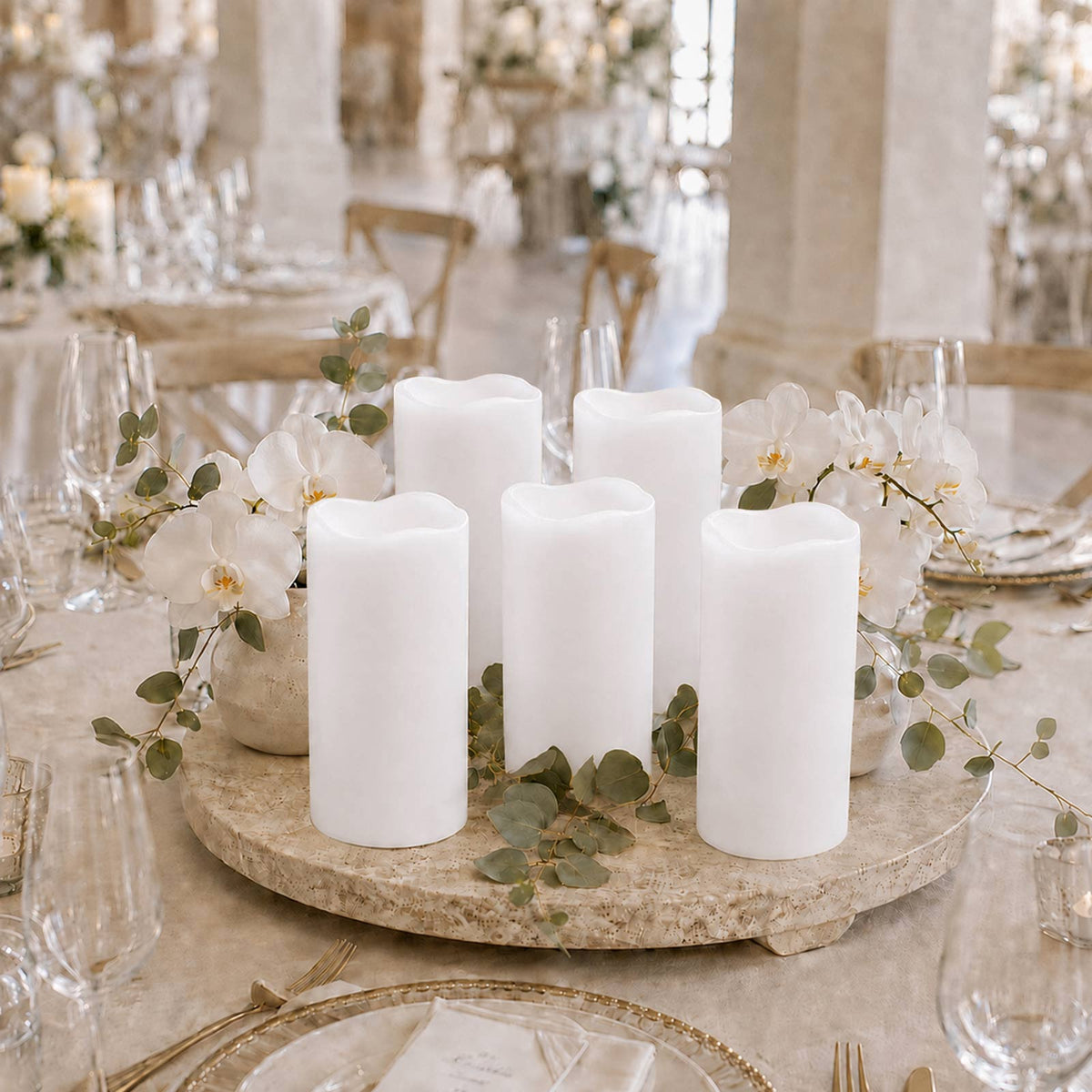 6 Pack White Flickering Flameless LED Pillar Candles, 10" Real Wax Wavy Top Battery Operated Candles