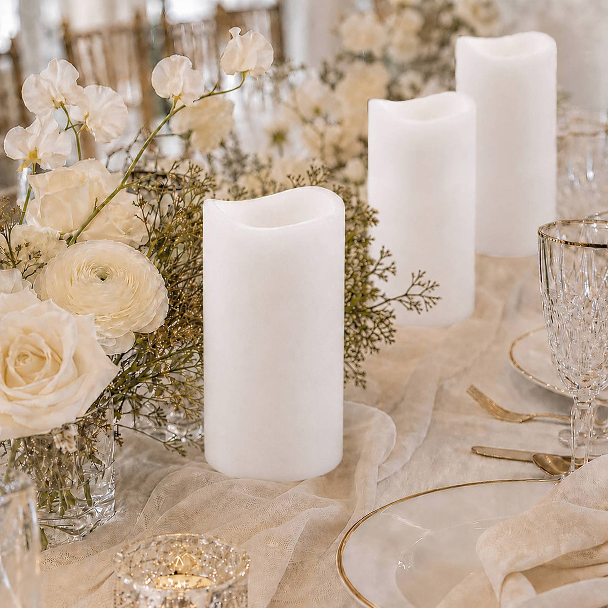6 Pack White Flickering Flameless LED Pillar Candles, 10" Real Wax Wavy Top Battery Operated Candles