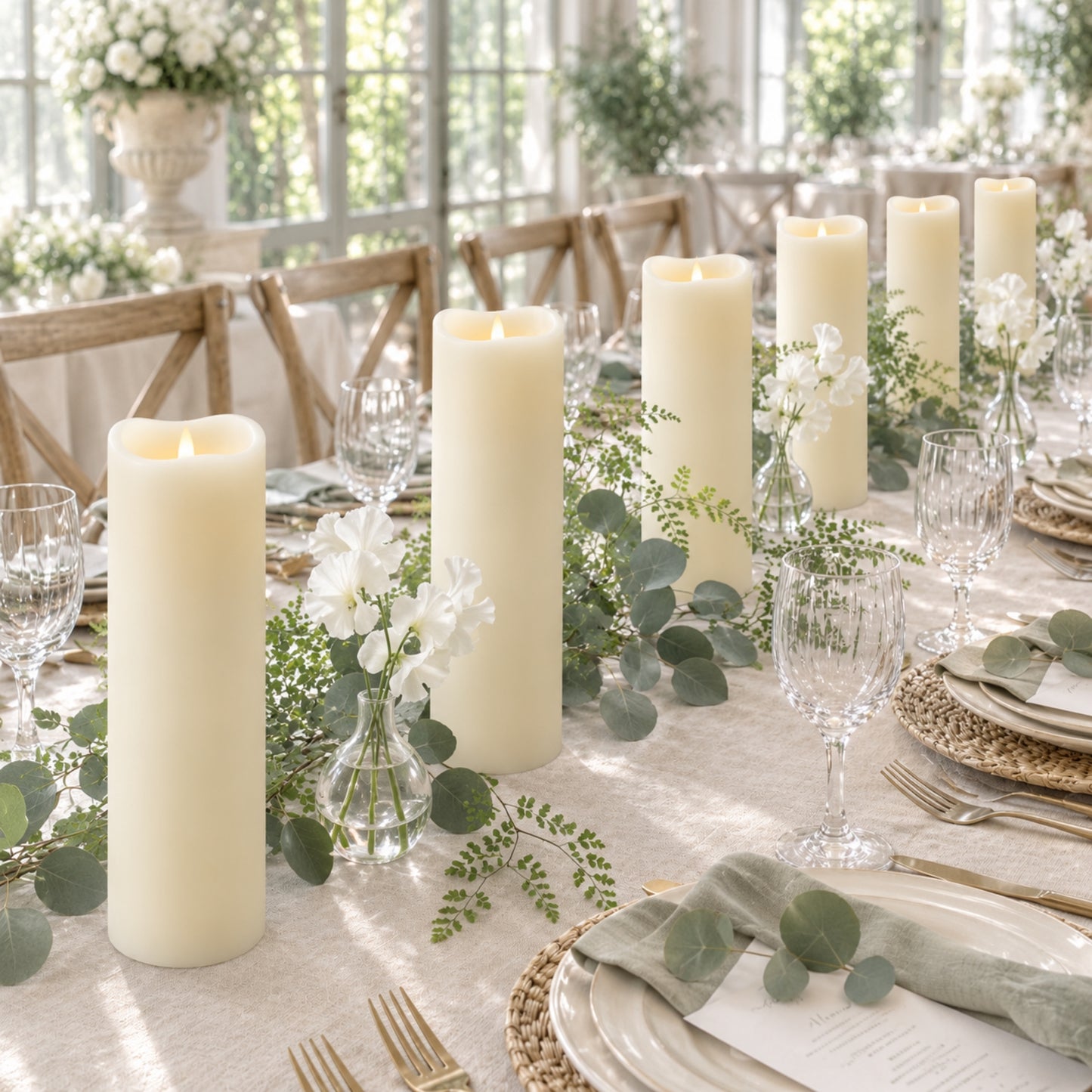 6 Pack Ivory Flickering Flameless LED Pillar Candles, 12" Real Wax Wavy Top Battery Operated Candles