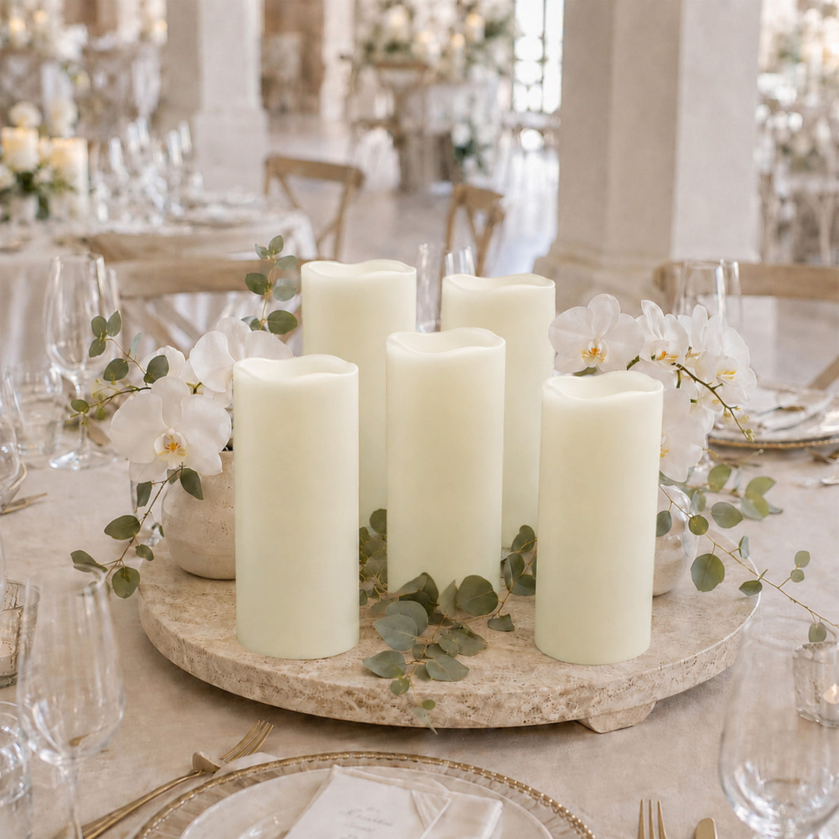 6 Pack Ivory Flickering Flameless LED Pillar Candles, 12" Real Wax Wavy Top Battery Operated Candles