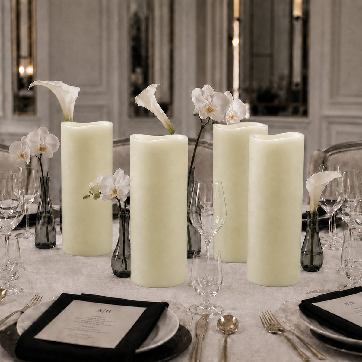 6 Pack Ivory Flickering Flameless LED Pillar Candles, 12" Real Wax Wavy Top Battery Operated Candles