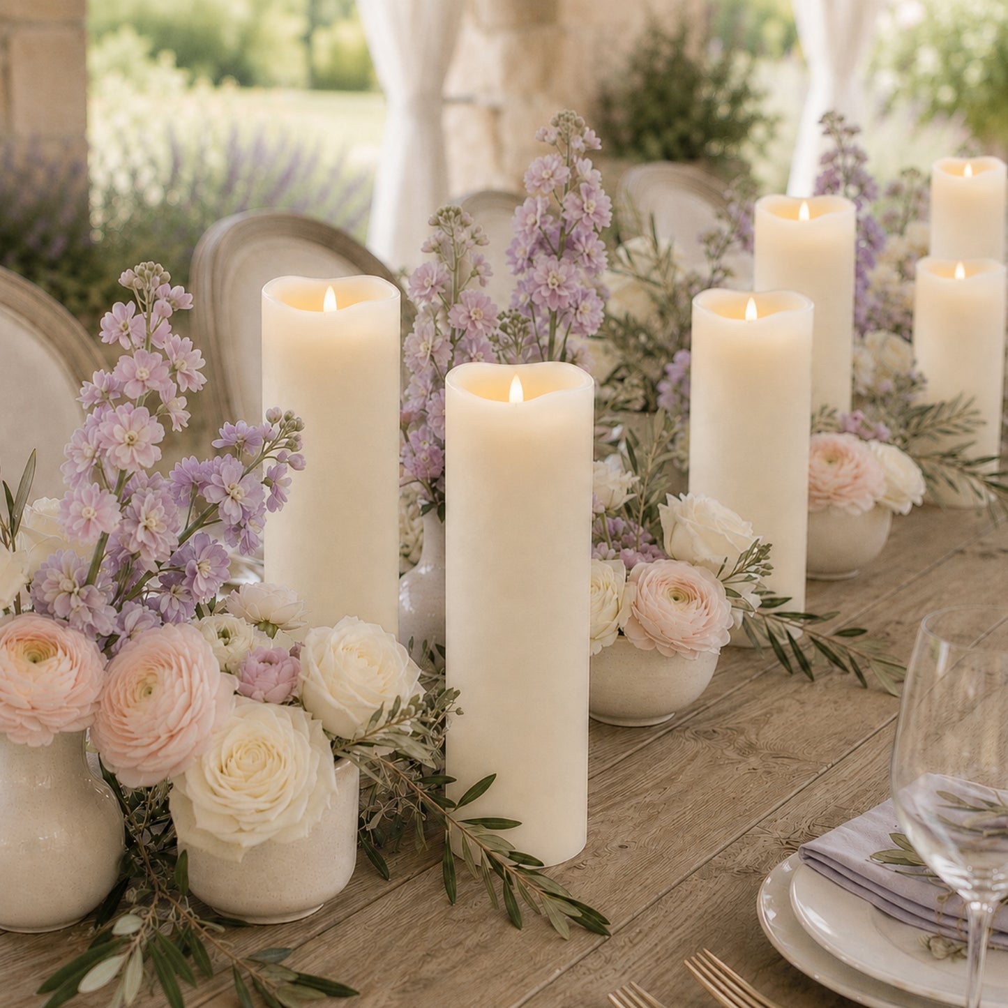 6 Pack Ivory Flickering Flameless LED Pillar Candles, 12" Real Wax Wavy Top Battery Operated Candles