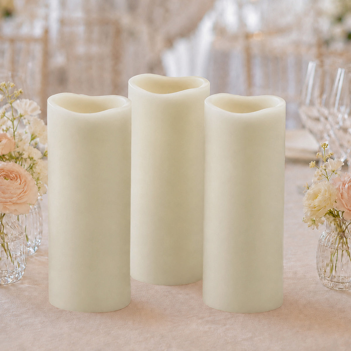 6 Pack Ivory Flickering Flameless LED Pillar Candles, 12" Real Wax Wavy Top Battery Operated Candles
