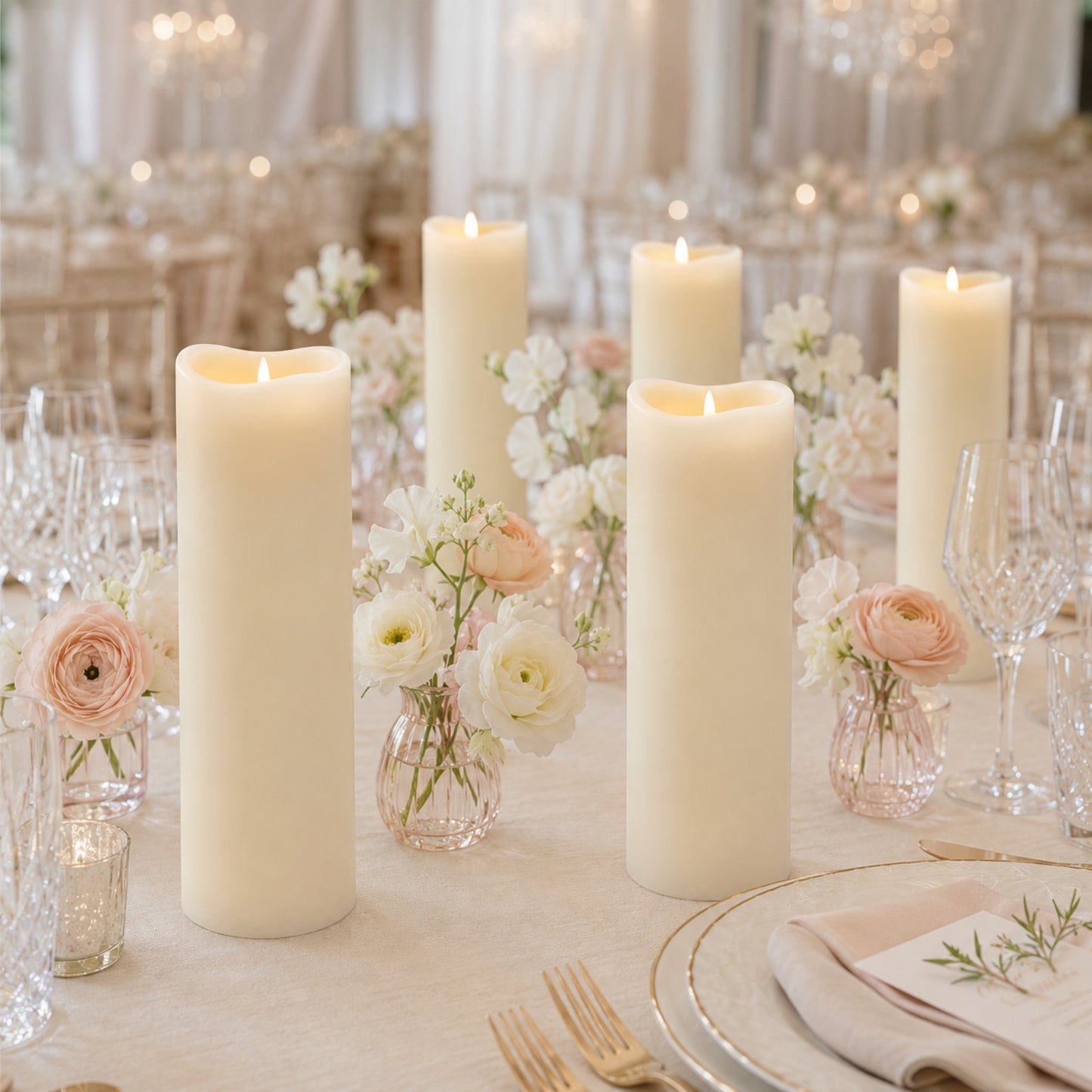 6 Pack Ivory Flickering Flameless LED Pillar Candles, 12" Real Wax Wavy Top Battery Operated Candles