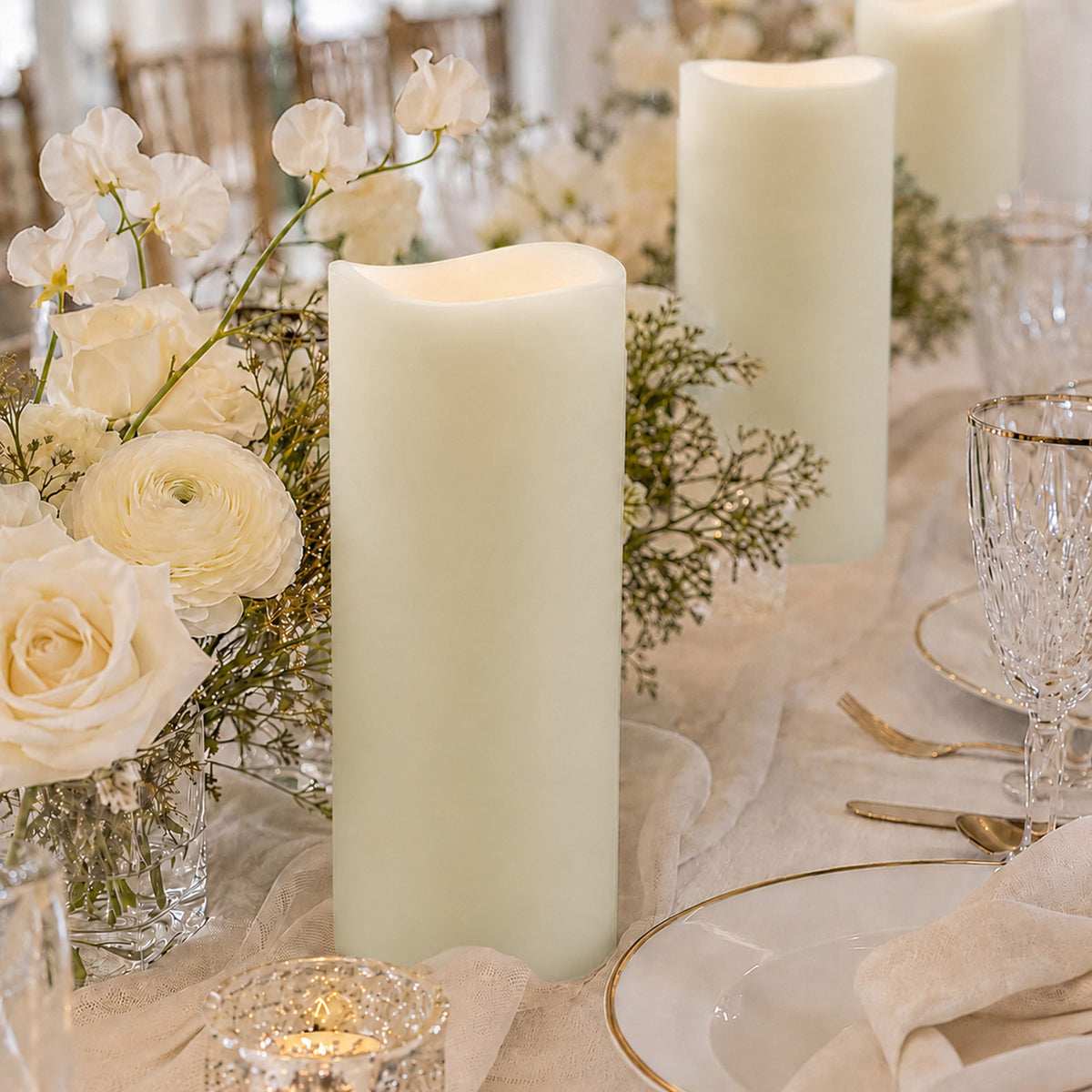 6 Pack Ivory Flickering Flameless LED Pillar Candles, 12" Real Wax Wavy Top Battery Operated Candles