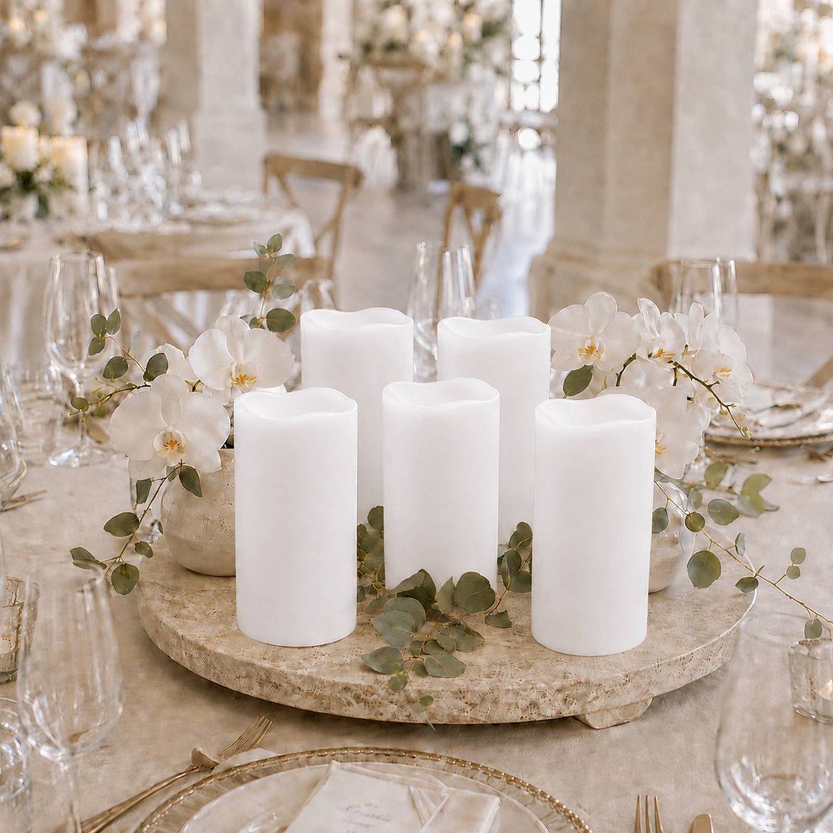 6 Pack White Flickering Flameless LED Pillar Candles, 8" Real Wax Wavy Top Battery Operated Candles 
