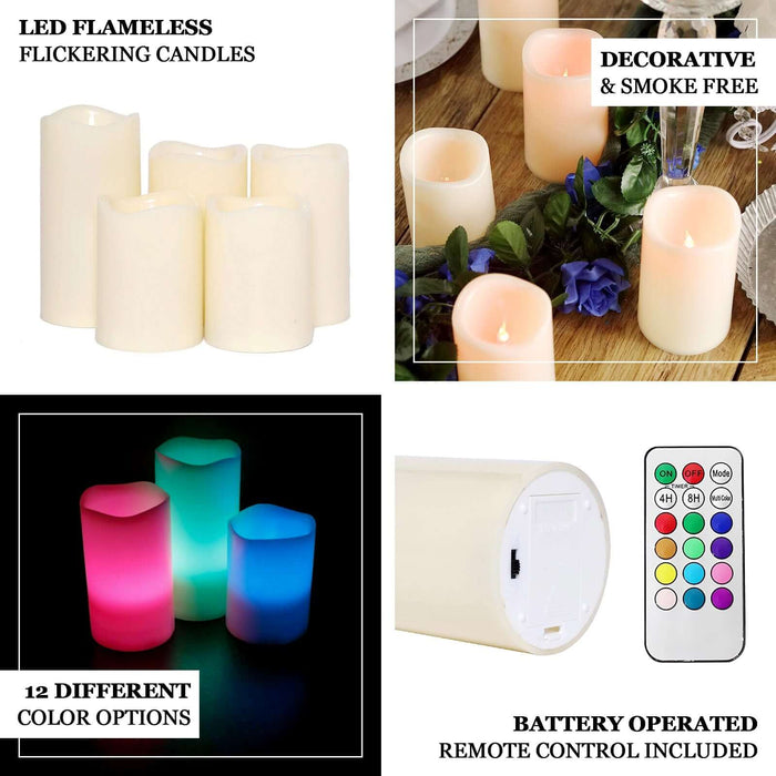 Set of 5 | Ivory Flickering Flameless LED Pillar Candles, Color Changing Battery Operated Candles With Remote - 4", 5", 6"