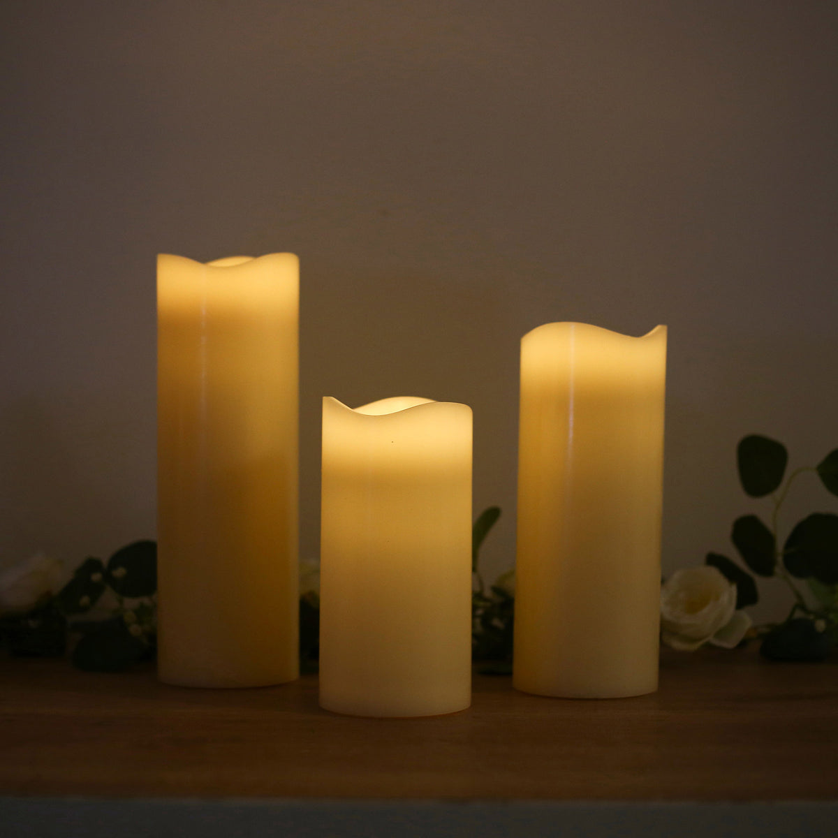 Set of 6 Ivory Flameless LED Pillar Candles, Real Wax Wavy Top with Flickering Light & 6/18H Timer -