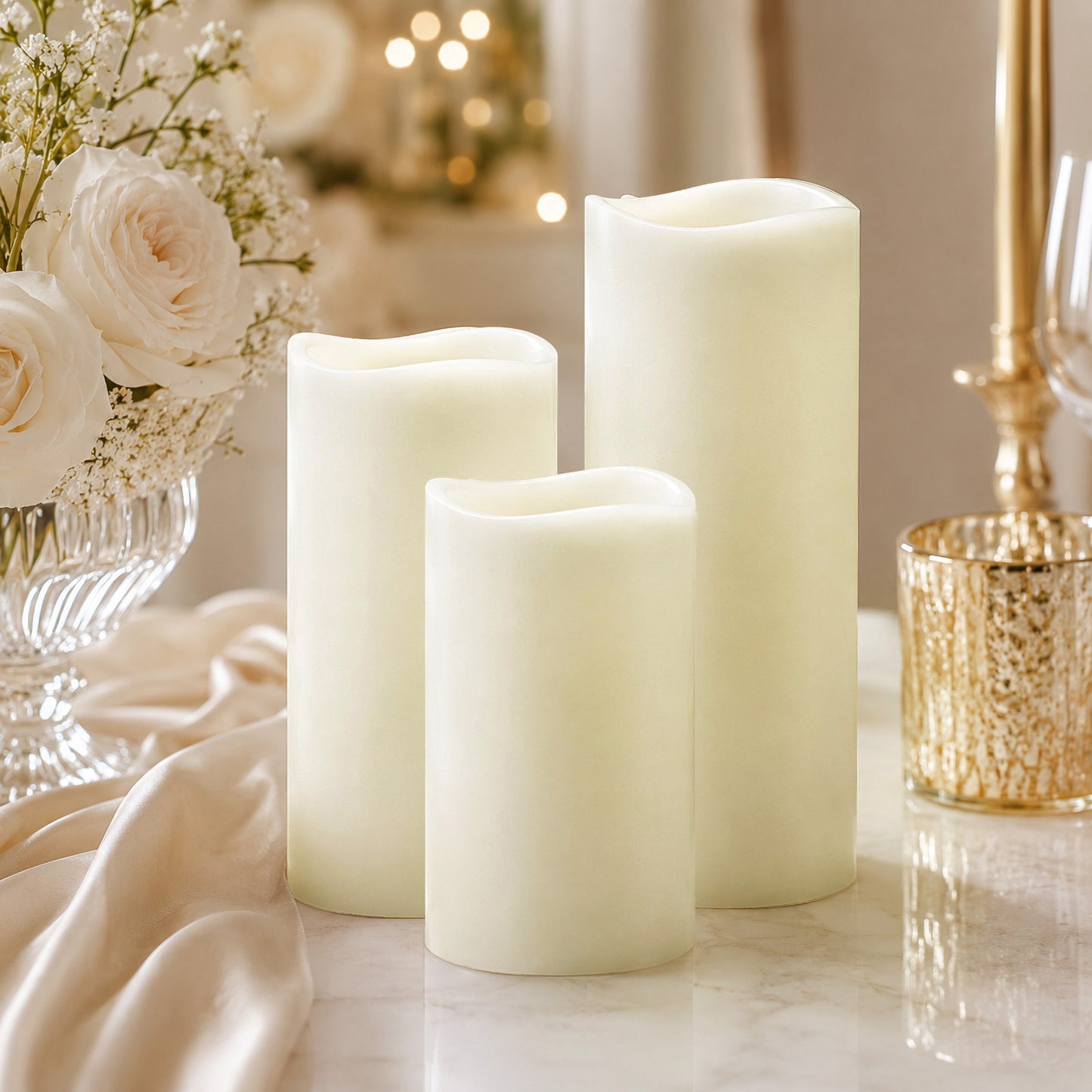 Set of 6 Ivory Flameless LED Pillar Candles, Real Wax Wavy Top with Flickering Light & 6/18H Timer -