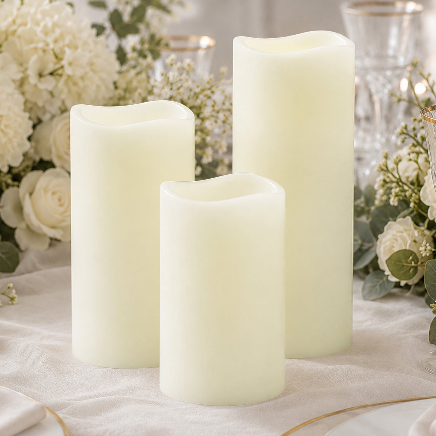 Set of 6 Ivory Flameless LED Pillar Candles, Real Wax Wavy Top with Flickering Light & 6/18H Timer -