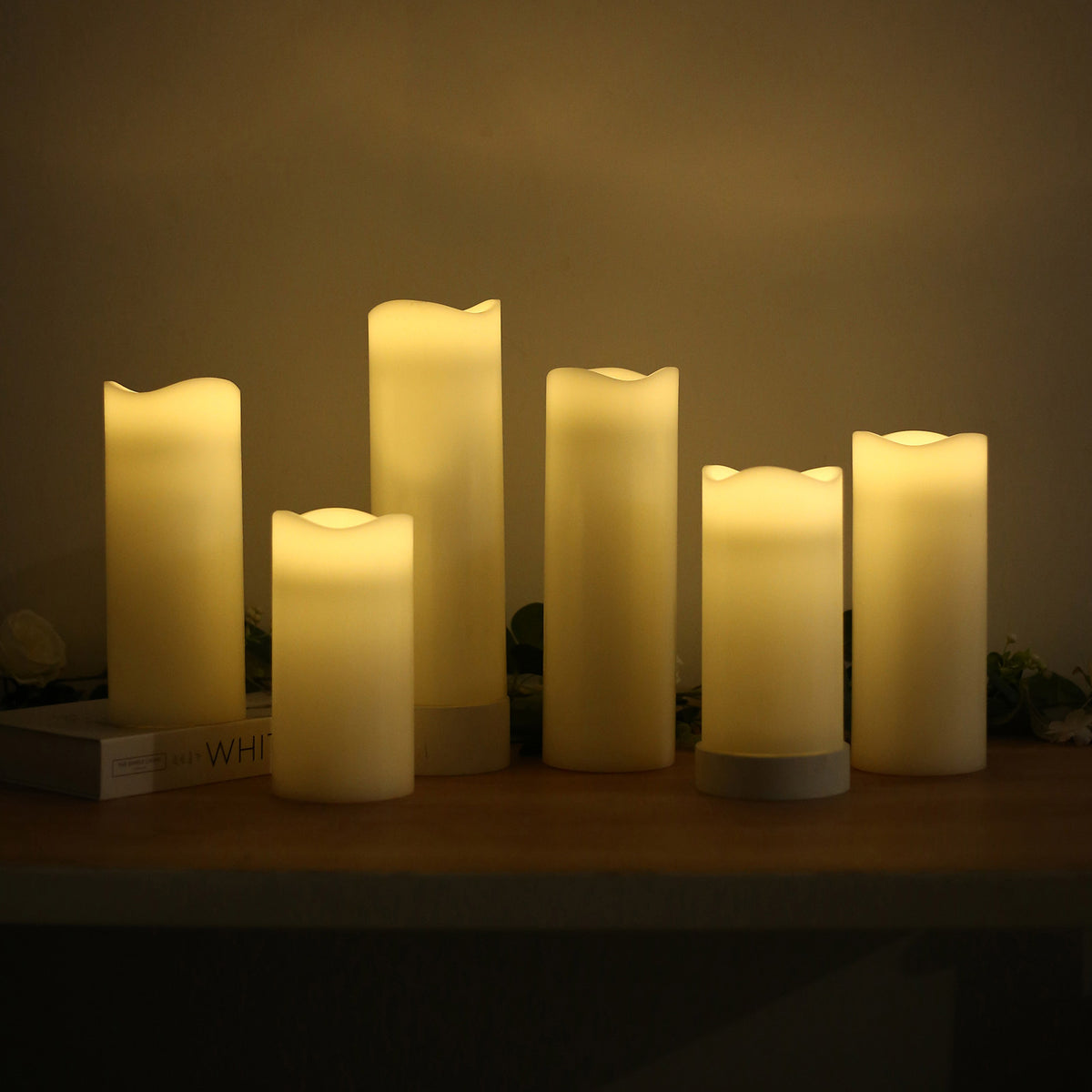 Set of 6 White Flameless LED Pillar Candles, Real Wax Wavy Top with Flickering Light & 6/18H Timer -