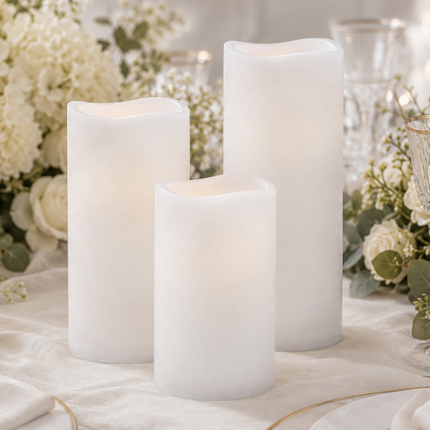 Set of 6 White Flameless LED Pillar Candles, Real Wax Wavy Top with Flickering Light & 6/18H Timer -