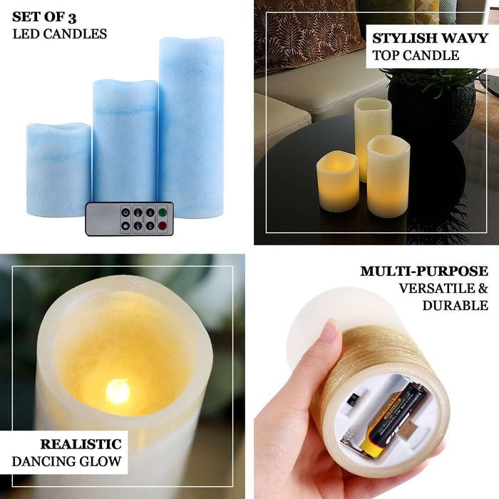 Set of 3 metallic silver LED flameless candles with remote control.