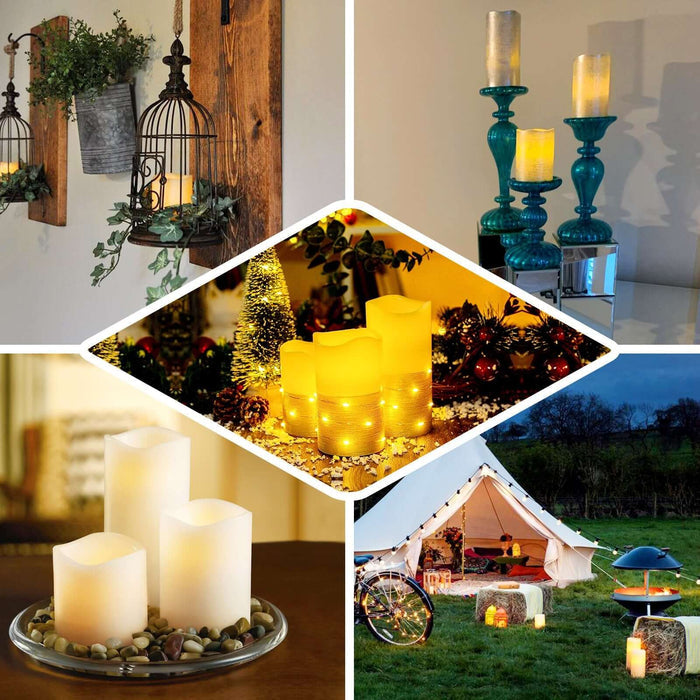 Metallic gold LED pillar candles, flameless and remote-operated, various heights.