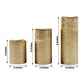 Metallic gold LED pillar candles in 4", 6", and 8" sizes.