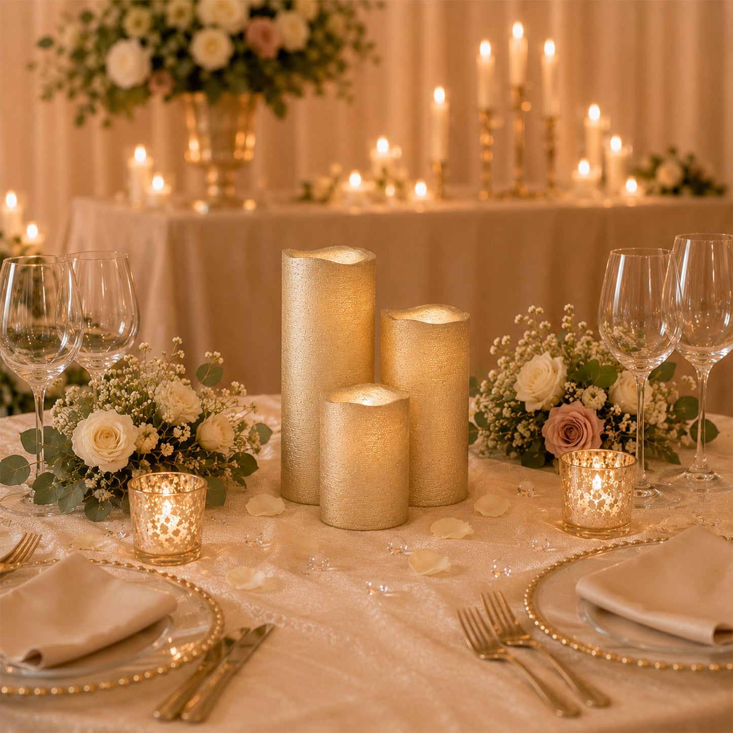 Set of 3 Metallic Gold LED Pillar Candles, Flameless Remote Operated Battery Powered Candles 4", 6",