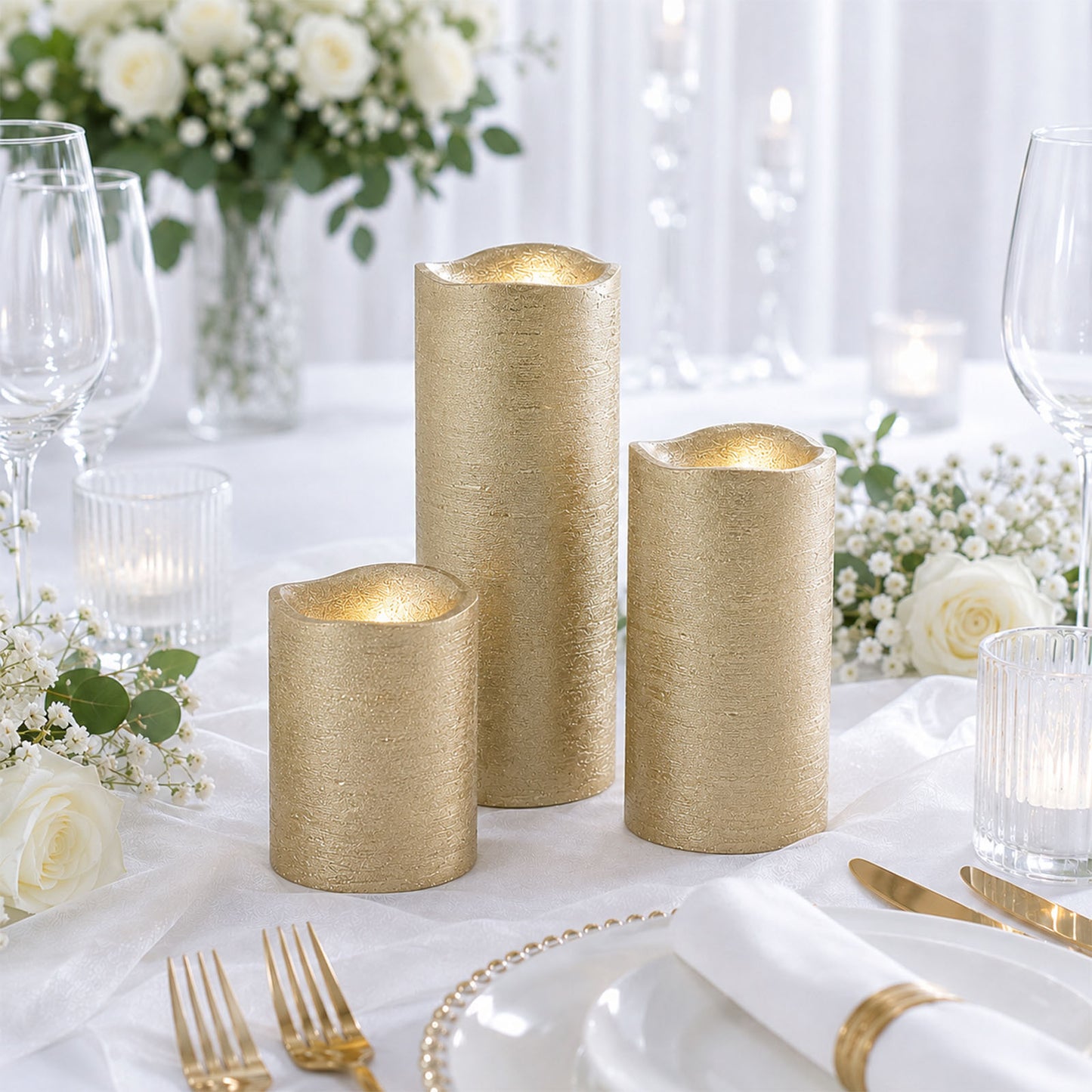 Set of 3 Metallic Gold LED Pillar Candles, Flameless Remote Operated Battery Powered Candles 4", 6",