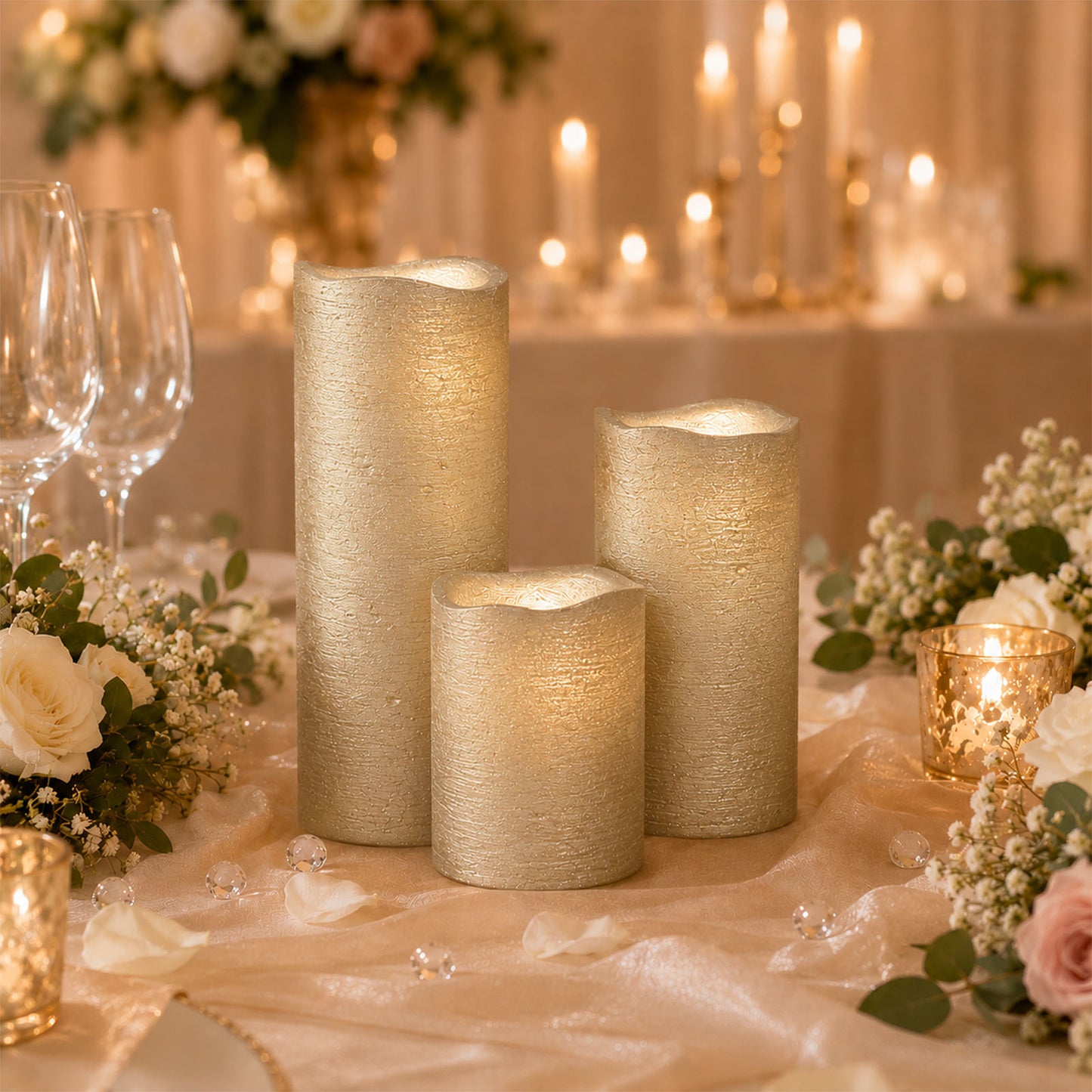 Set of 3 Metallic Gold LED Pillar Candles, Flameless Remote Operated Battery Powered Candles 4", 6",