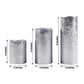 Metallic silver LED pillar candles set, flameless and remote-operated.