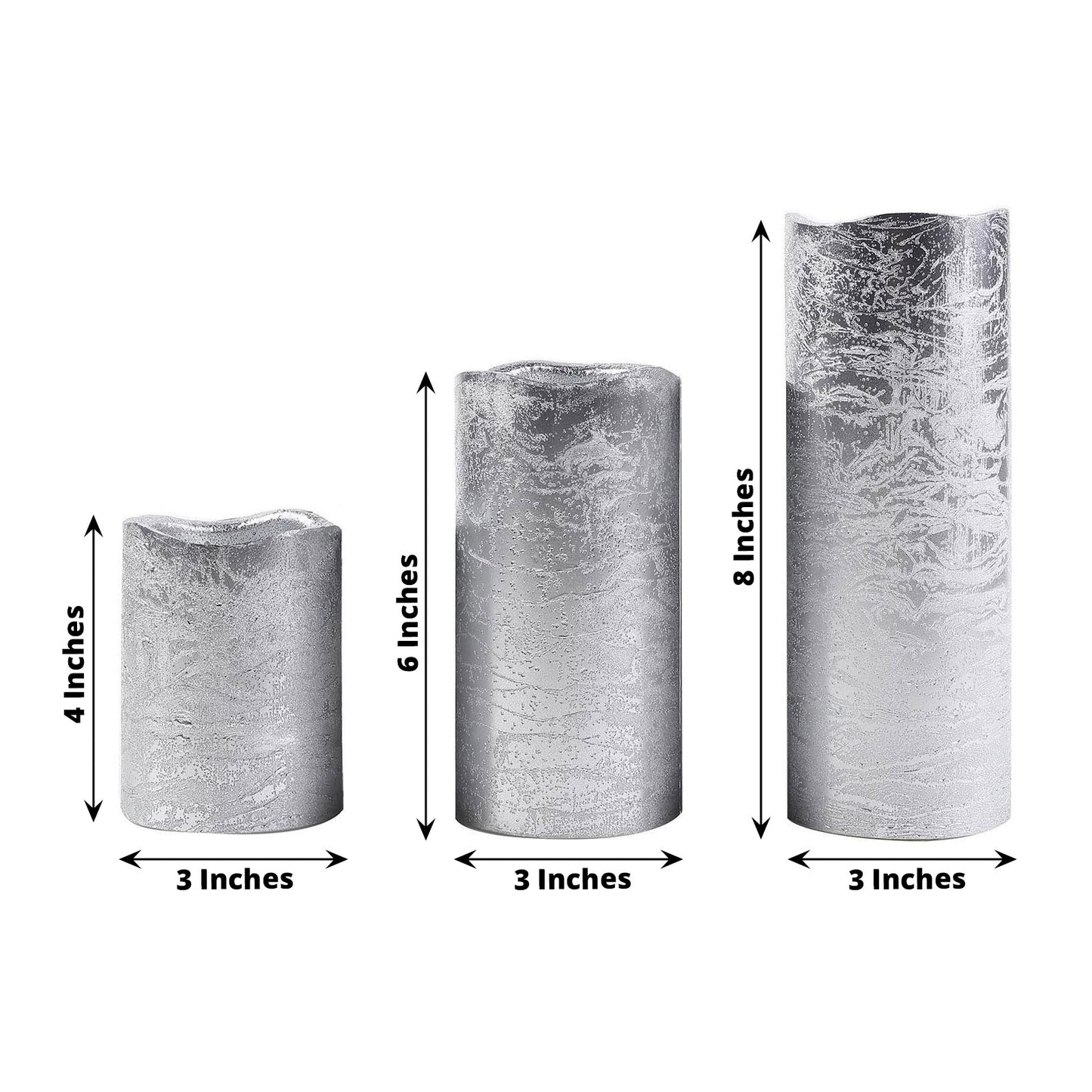 Metallic silver LED pillar candles set, flameless and remote-operated.