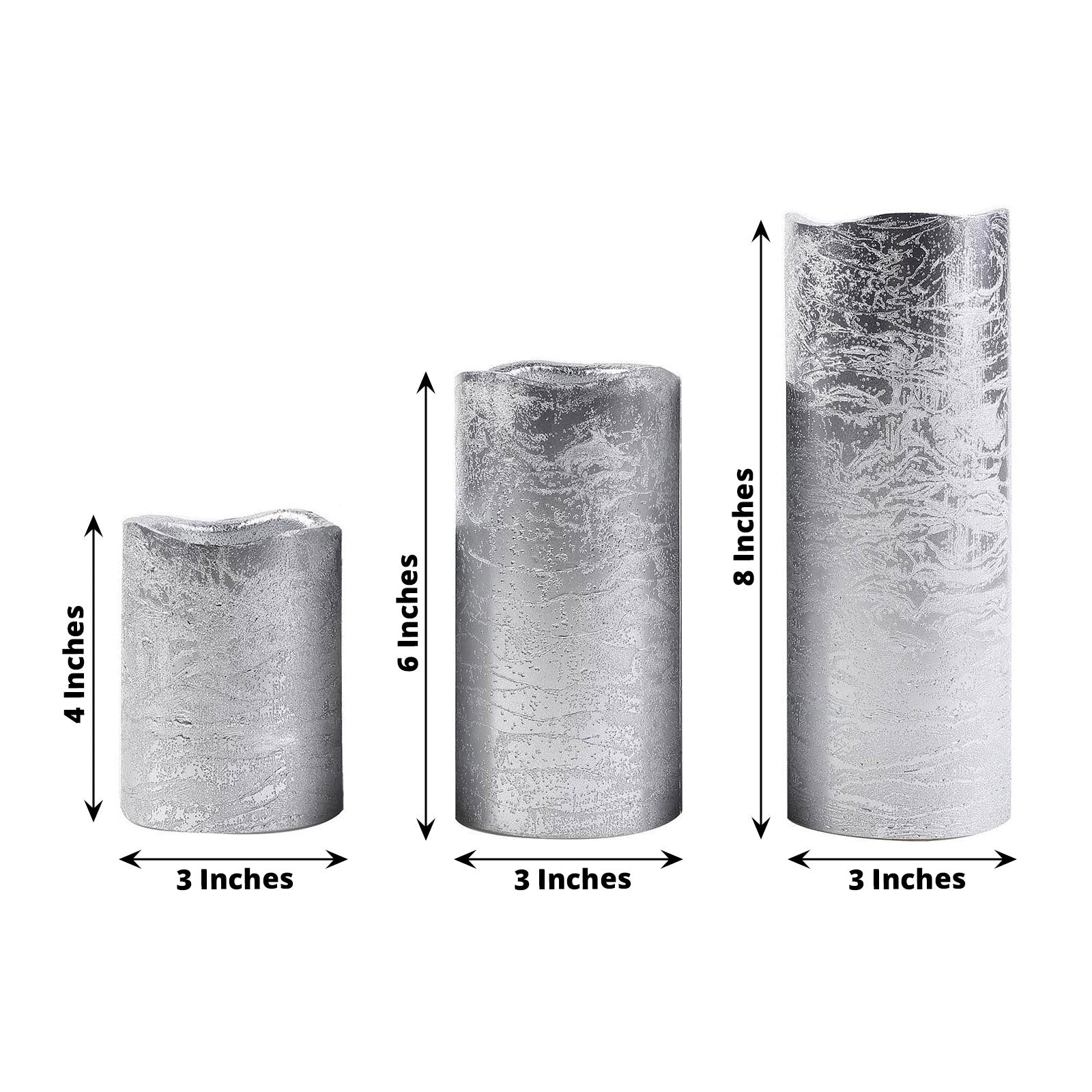 Metallic silver LED pillar candles set, flameless and remote-operated.