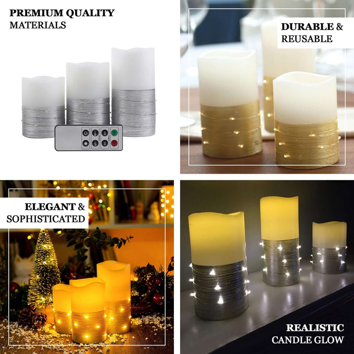 Gold LED pillar candles with fairy lights, flameless and remote-operated.