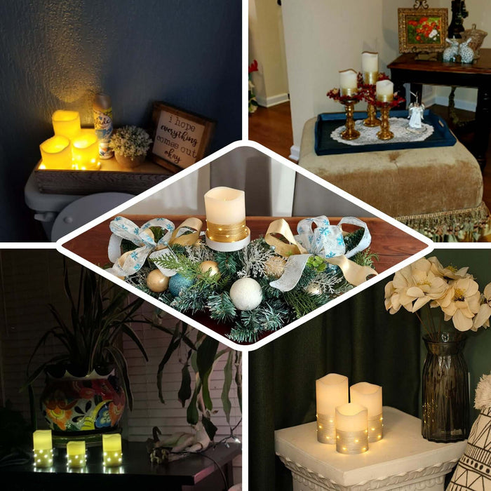 Gold LED pillar candles with fairy lights, battery-operated, set of 3.