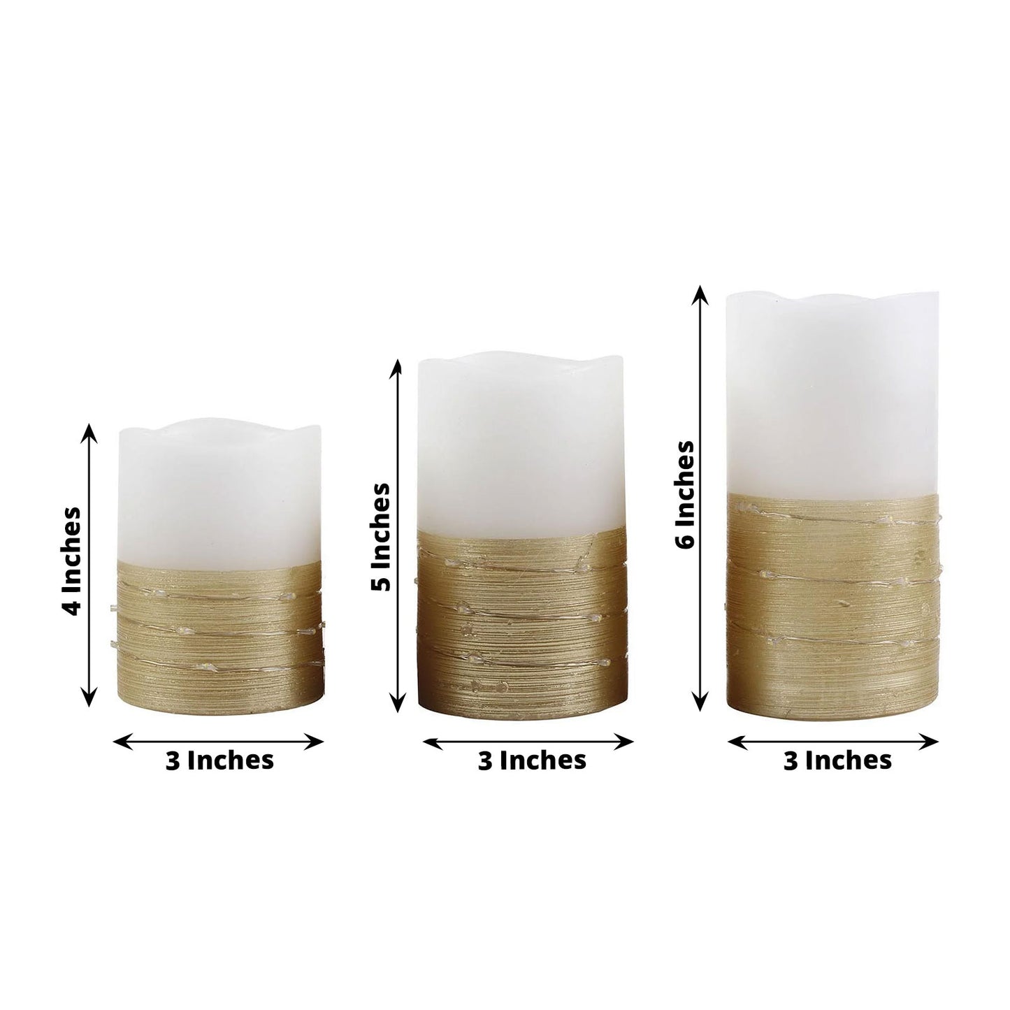 Gold LED pillar candles wrapped with fairy lights in varying heights, 4", 5", and 6".