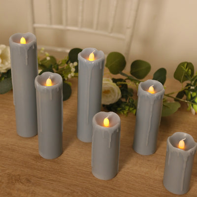 Set of 6 Flickering LED Drip Wax Pillar Candles - Dusty Blue