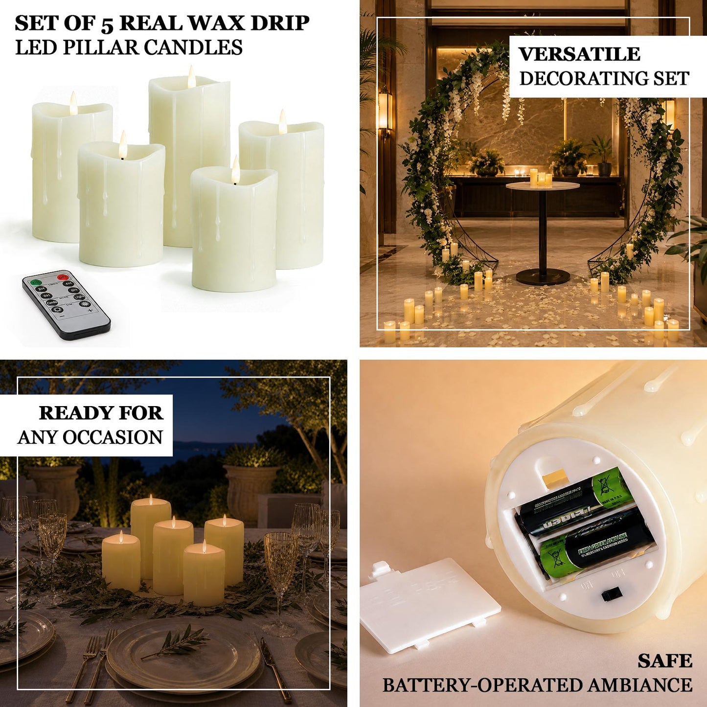 Set of 5 Ivory Flickering Flameless LED Pillar Candles – Real Wax Dripping Edge, Battery Operated, W