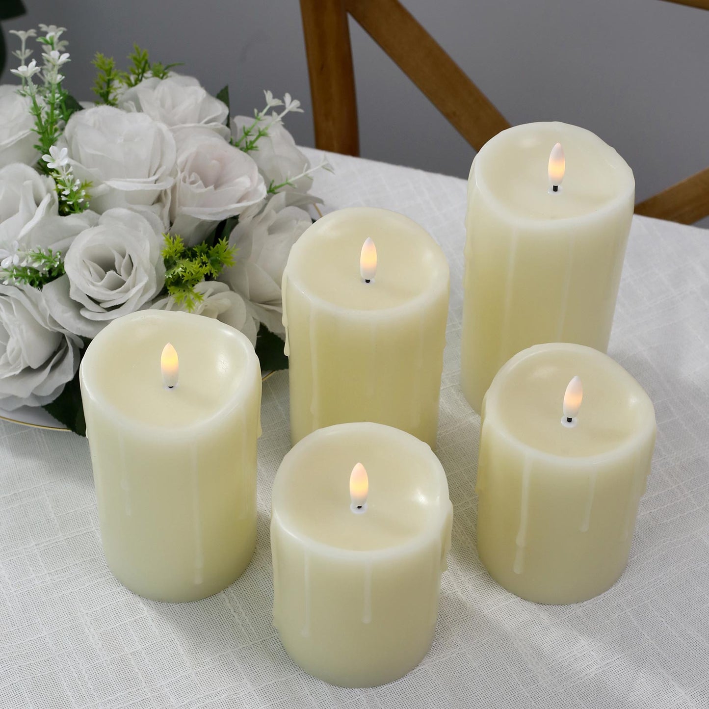 Set of 5 Ivory Flickering Flameless LED Pillar Candles – Real Wax Dripping Edge, Battery Operated, W