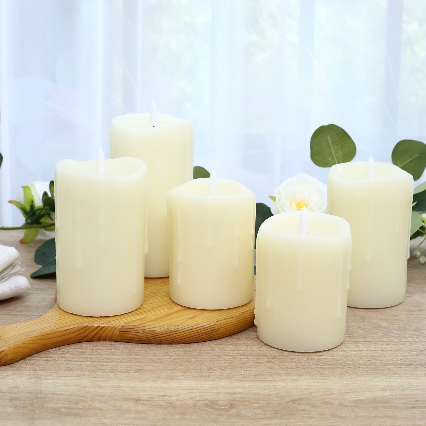 Set of 5 Ivory Flickering Flameless LED Pillar Candles – Real Wax Dripping Edge, Battery Operated, W