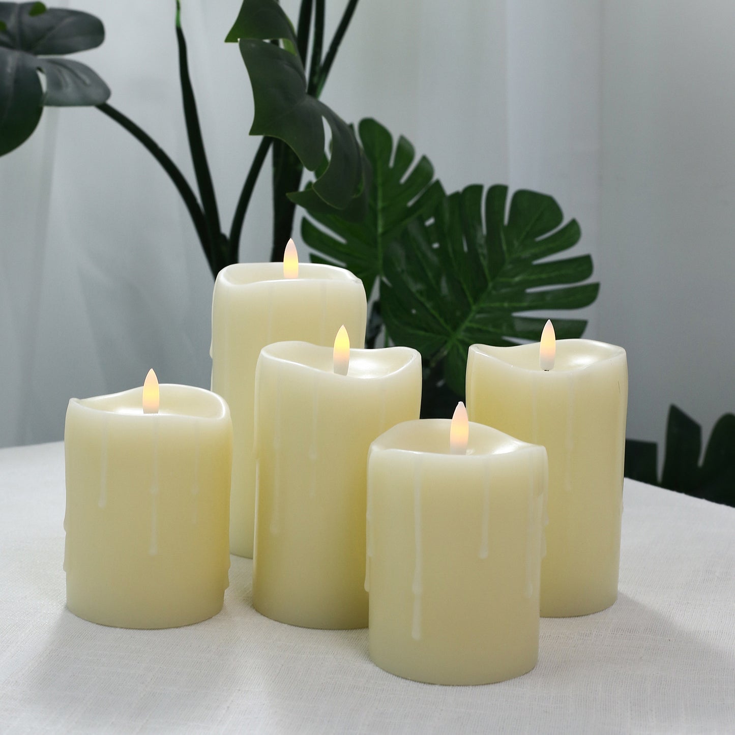 Set of 5 Ivory Flickering Flameless LED Pillar Candles – Real Wax Dripping Edge, Battery Operated, W