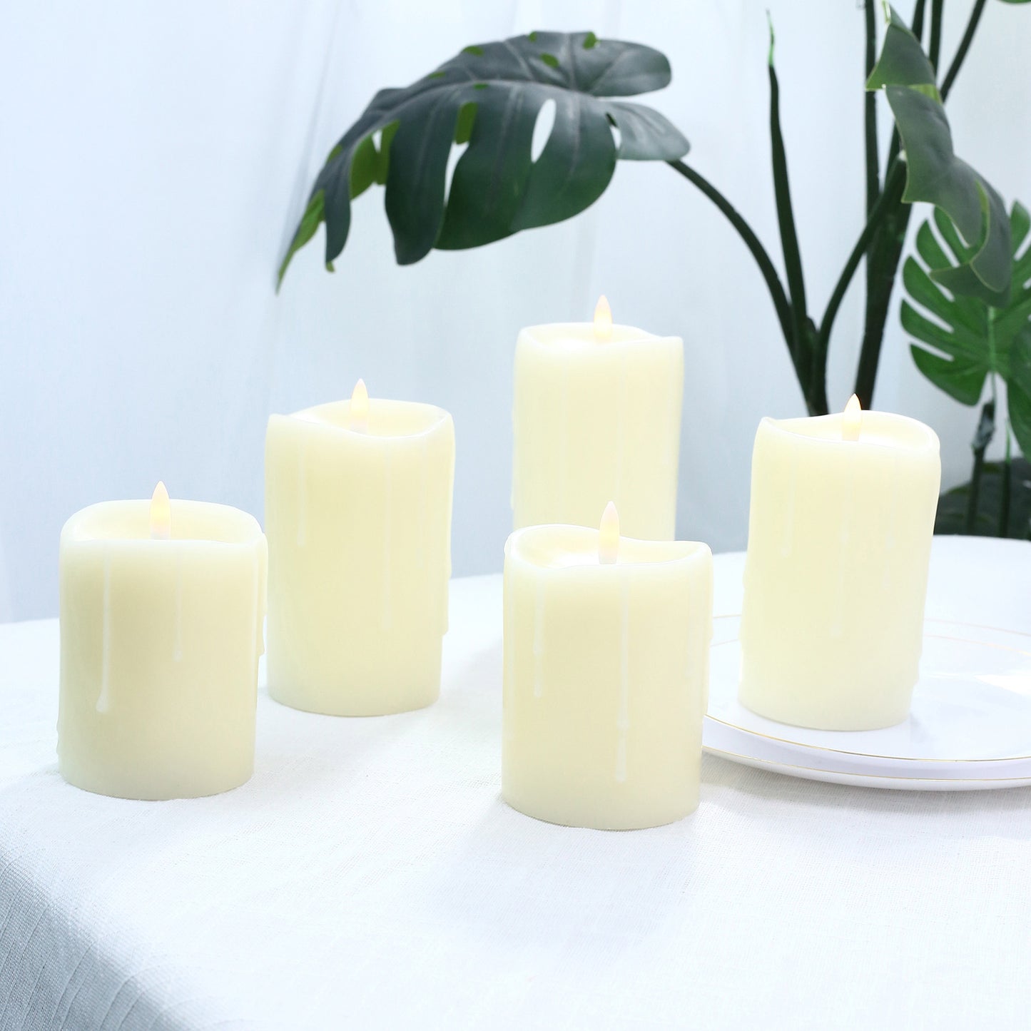 Set of 5 Ivory Flickering Flameless LED Pillar Candles – Real Wax Dripping Edge, Battery Operated, W