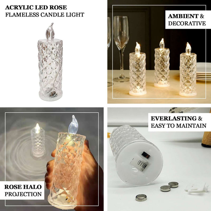 3 Pack | 6" Warm White LED Rose Halo Battery Operated Candle Lamps, Acrylic Diamond Pillar Flameless Candle Light