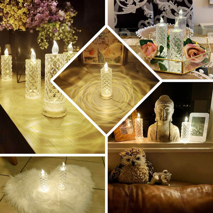 3 Pack | 6" Warm White LED Rose Halo Battery Operated Candle Lamps, Acrylic Diamond Pillar Flameless Candle Light