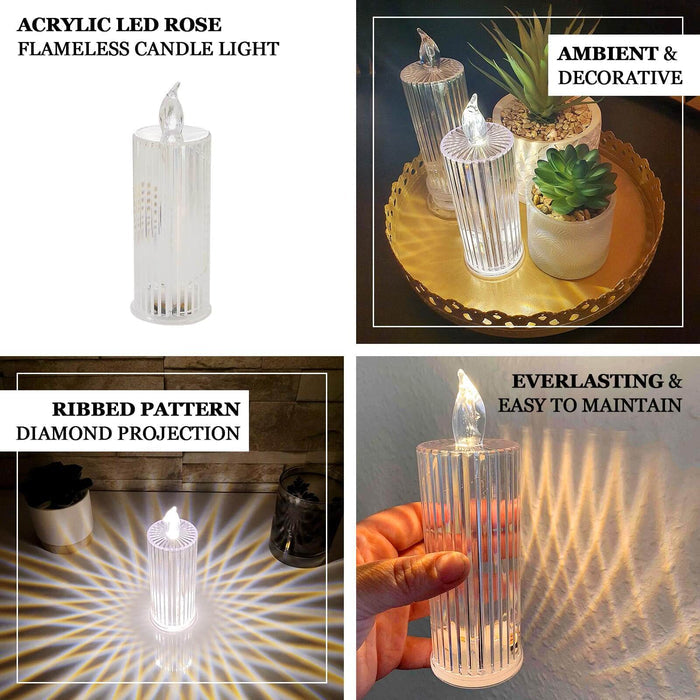 3 Pack | 6" Warm White Clear LED Diamond Battery Operated Candle Lamps, Acrylic Flameless Pillar Candle Light
