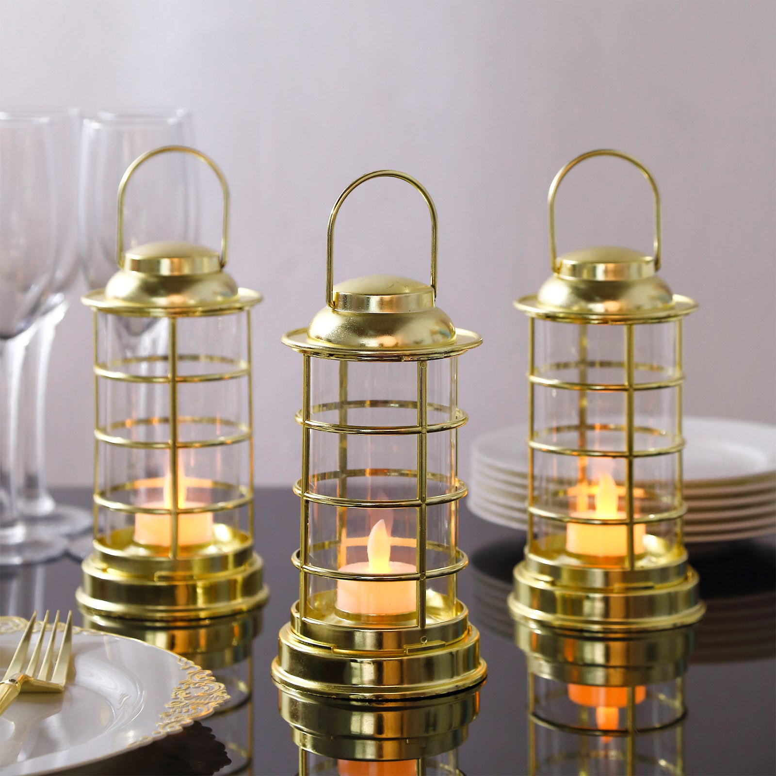 Gold LED mini lantern lamps for decorative tealight candles.