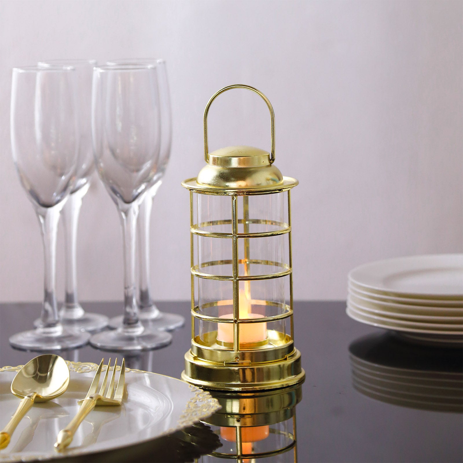Gold LED mini lantern lamp, decorative battery-operated tealight candle.