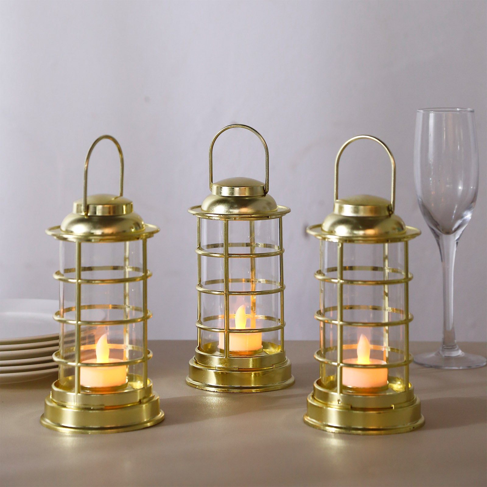 Gold LED mini lantern lamps, battery operated decorative tealight candles.