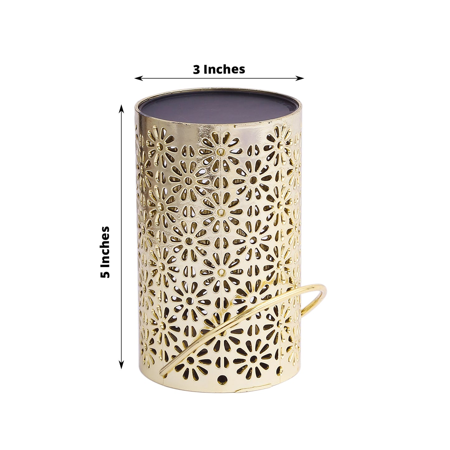 Gold LED lantern light with decorative flower design, battery operated.