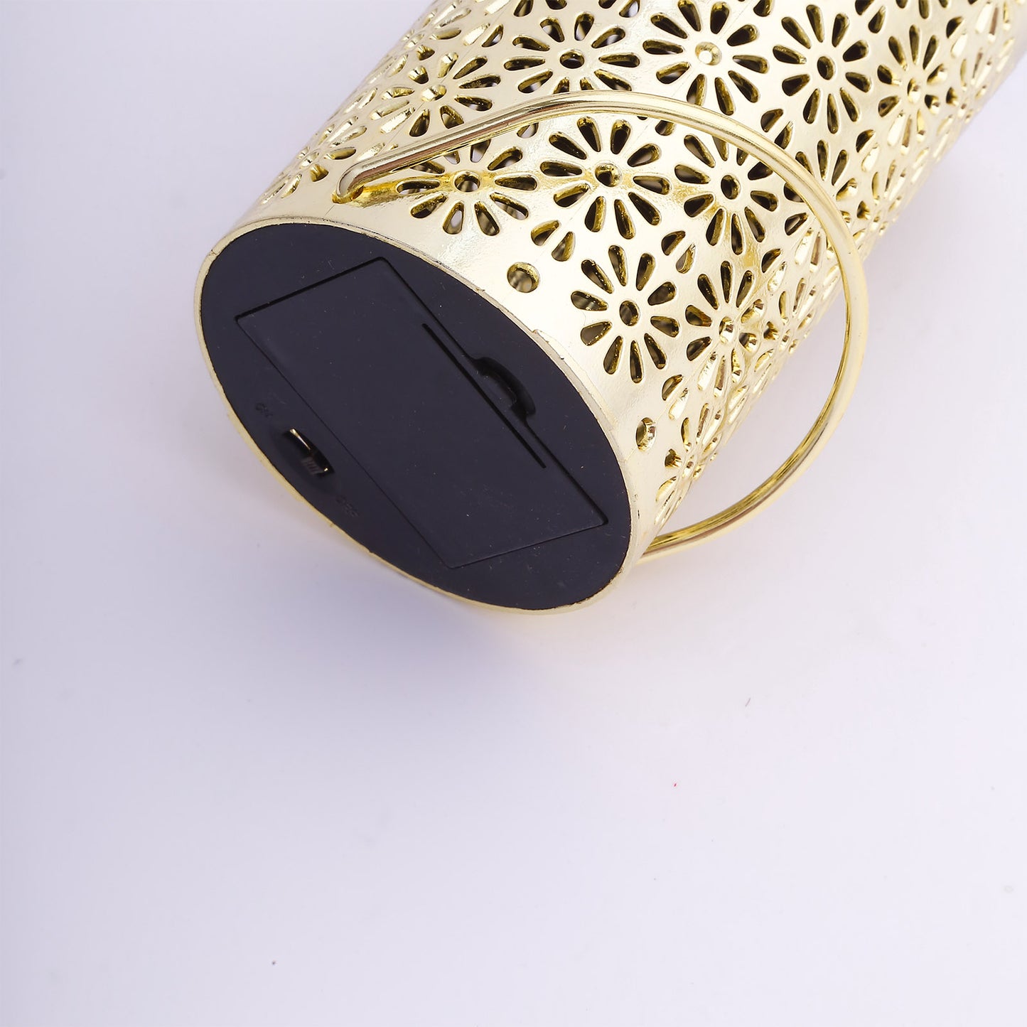 Gold decorative LED lantern with flower design, battery operated, hanging garden light.