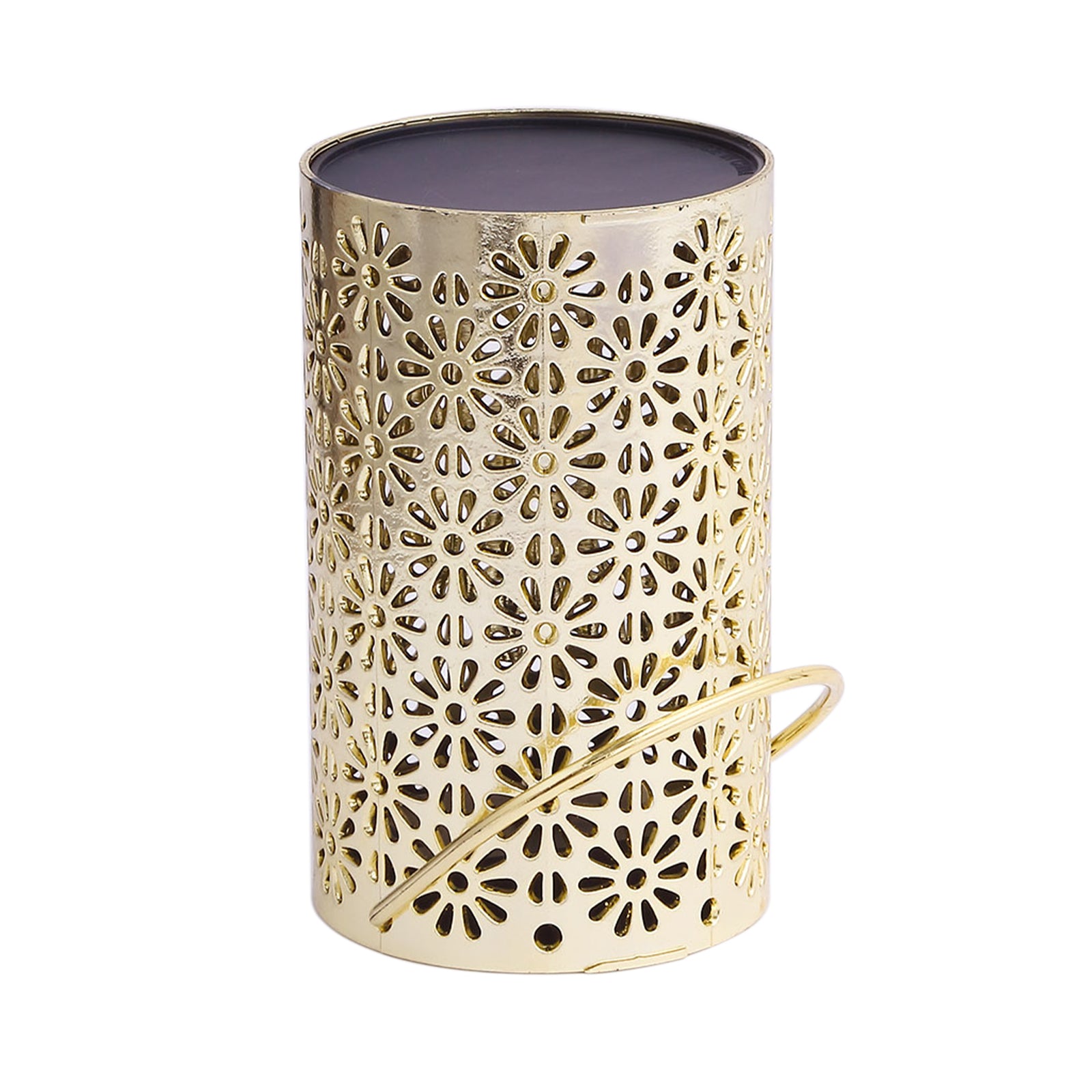 Gold decorative LED lantern with flower design for hanging garden use.