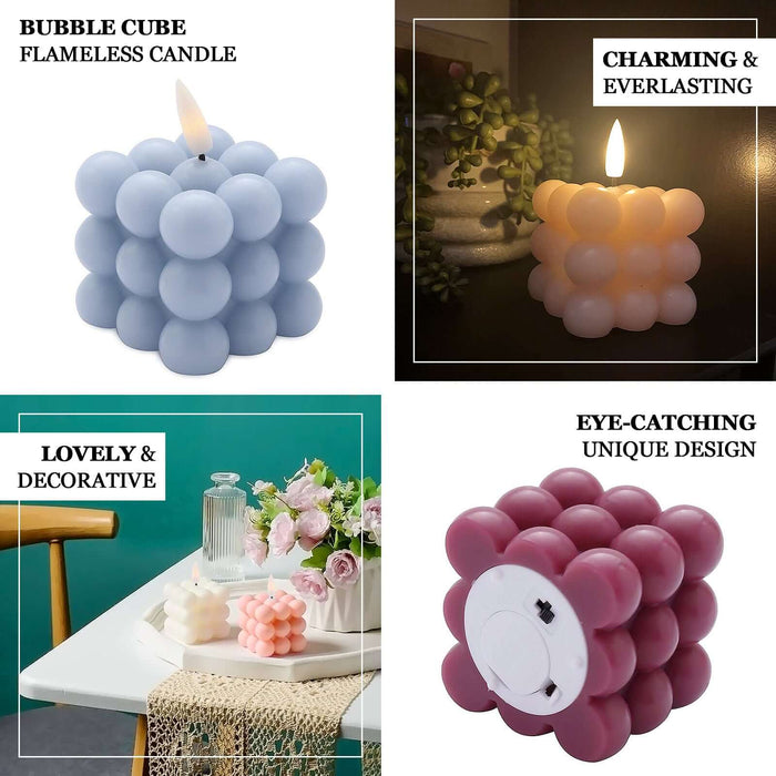 Blush LED bubble candles in warm white flickering light, battery operated.