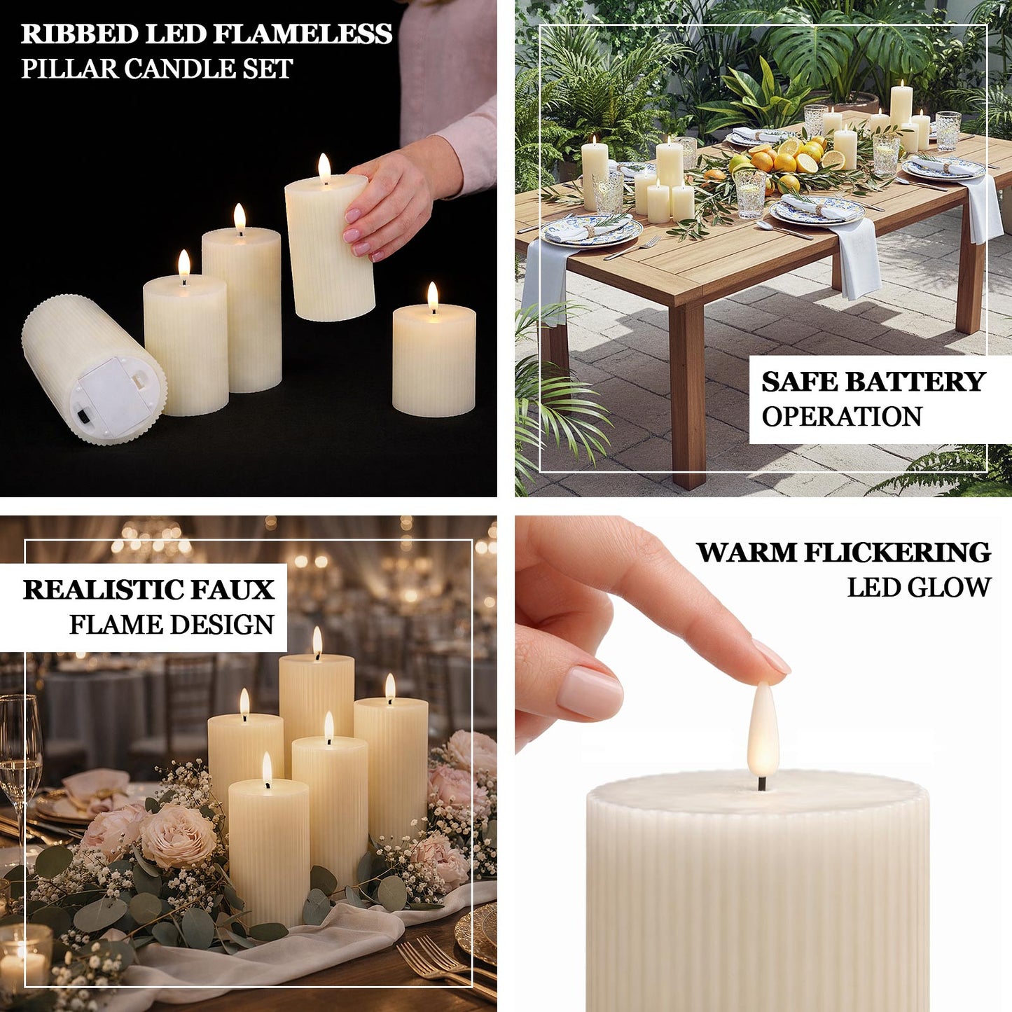Ivory LED flameless pillar candle set with warm flickering glow.
