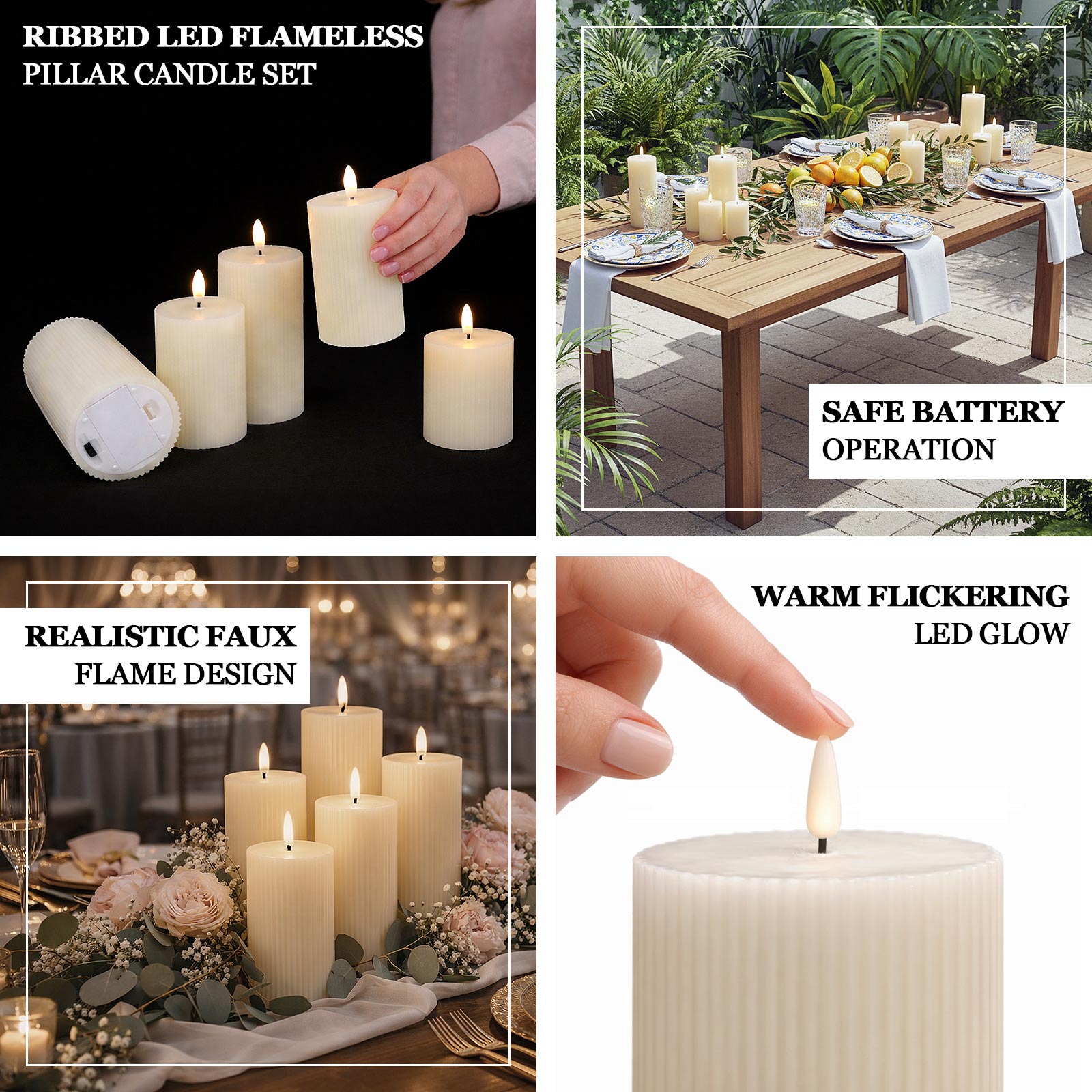 Ivory LED flameless pillar candle set with warm flickering glow.