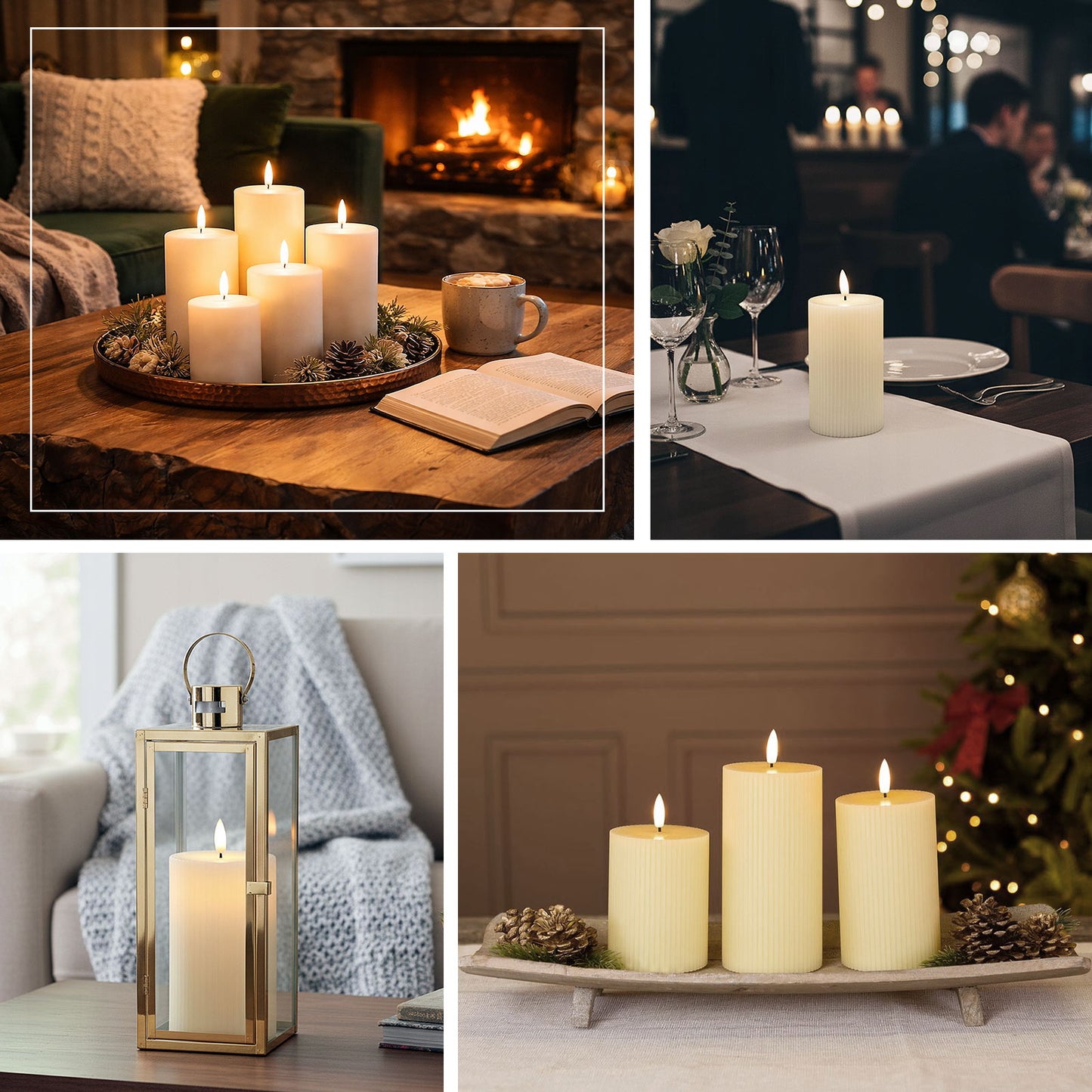 Ivory LED flameless pillar candles in a warm white glow, set of 5.