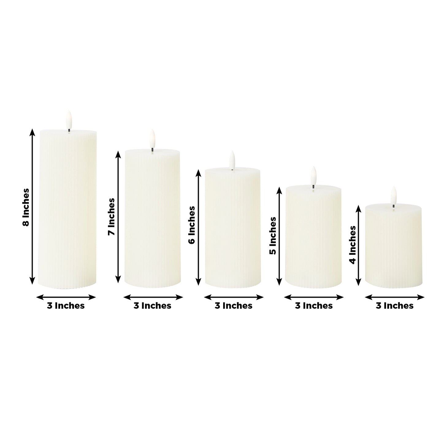Ivory LED flameless pillar candles in a ribbed design, set of 5, warm white glow.