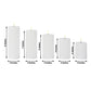 White LED flameless pillar candles in ribbed design, set of 5, warm white glow.