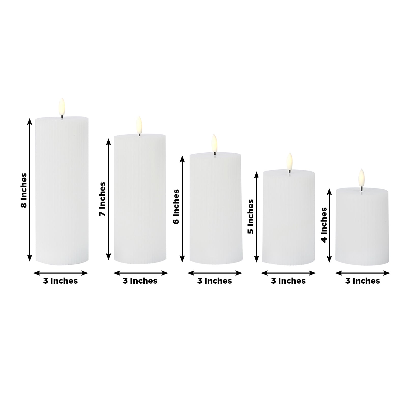 White LED flameless pillar candles in ribbed design, set of 5, warm white glow.